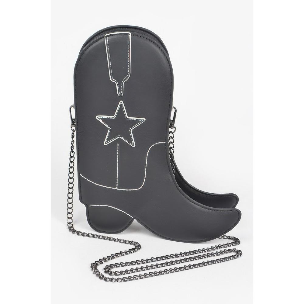 Cowboy Boot Crossbody Women OS Black Excellent Star Stitch Novelty Bag‎